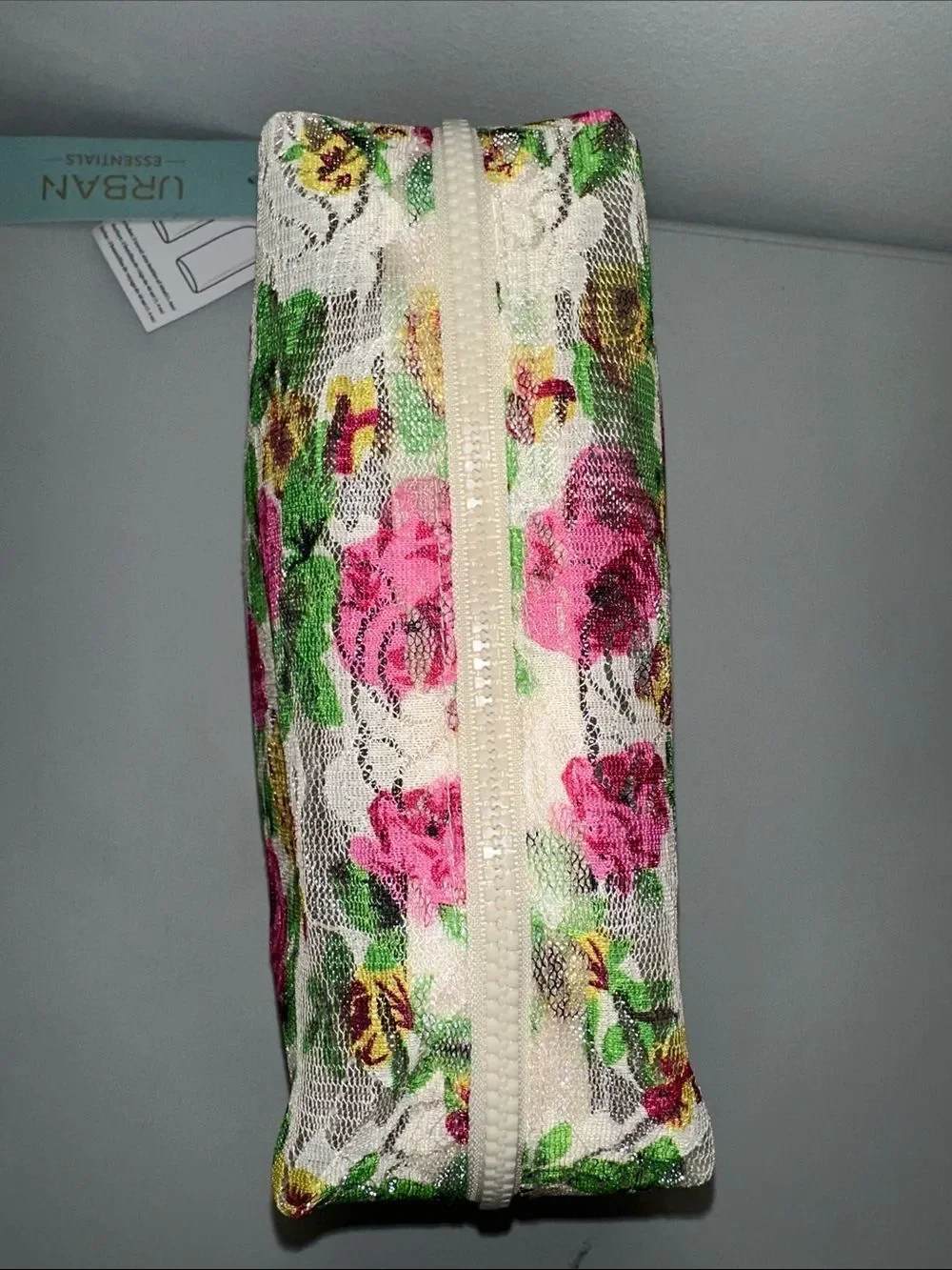Urban Essentials Ivory Pink Green Yellow Rose Floral Lace Beauty Cosmetic Bag